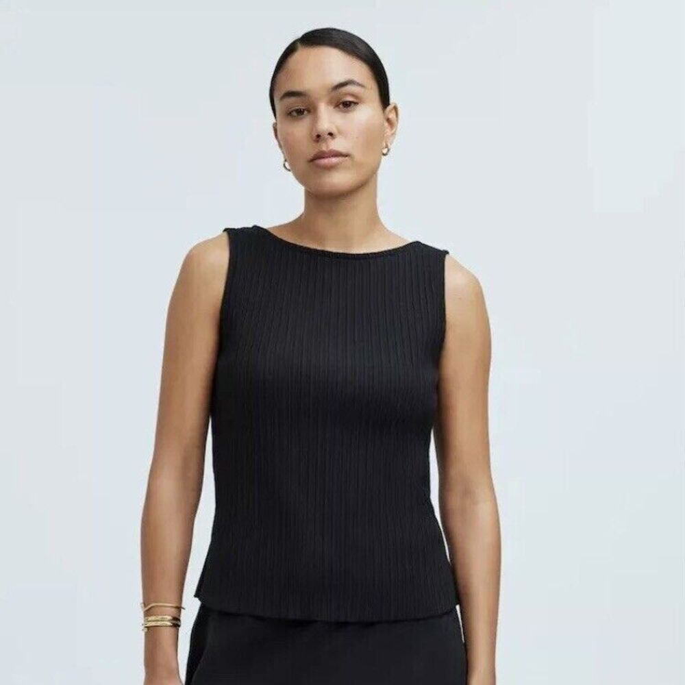 Madewell Tank Top Women XS Black Ribbed Cotton Blend Sleeveless Cropped Boatneck